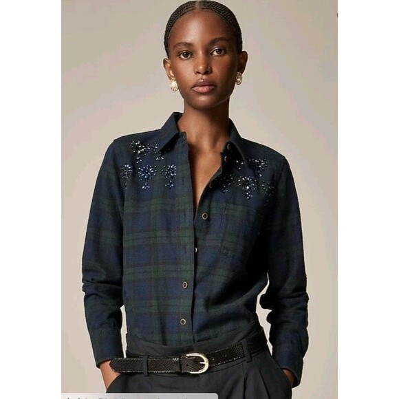 J.Crew Embellished Shrunken Button-up Shirt Tartan Brushed Cotton Oxford Size 10 - Picture 1 of 11